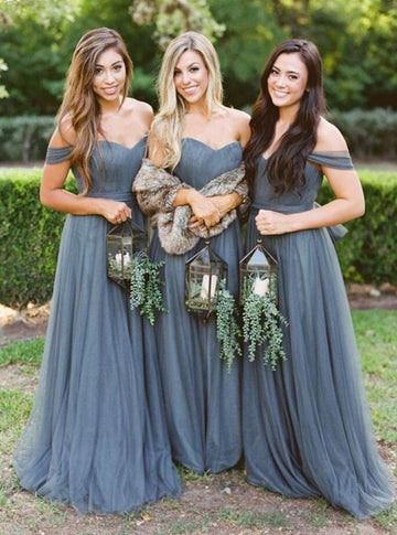 GBD173 Gray A Line Princess Off The Shoulder Bridesmaid Dress