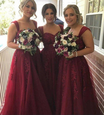 GBD176 Dark Burgundy Straps Lace Bridesmaid Dress