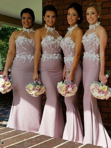 GBD178 Pink Mermaid Halter Lace Bridesmaid Dress