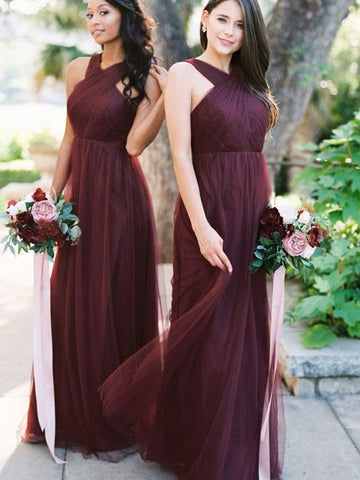 GBD180 Halter Dark Burgundy Tulle Bridesmaid Dress