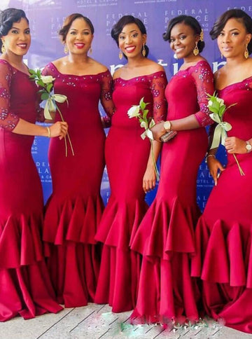 GBD185 Red Satin Half Sleeve Mermaid Bridesmaid Dress