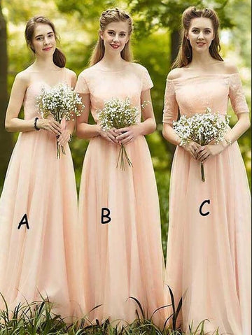 GBD193 Pink Short Sleeve V Neck Tulle Bridesmaid Dress