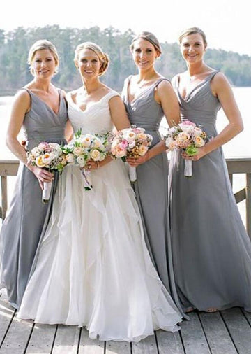 GBD199 Gray V Neck Chiffon Bridesmaid Dress