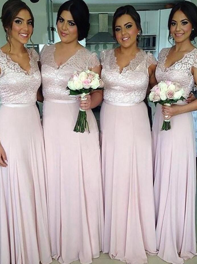 GBD207 Nude Pink V Neck Chiffon Lace Plus Size Bridesmaid Dress