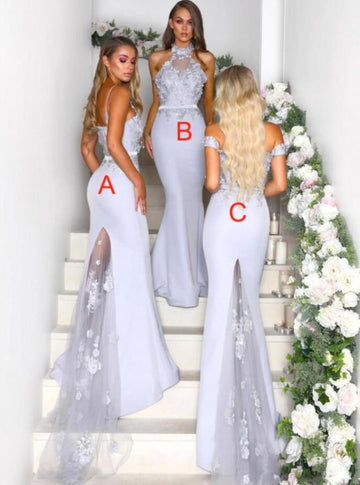 GBD219 Mermaid Silver Lace Halter Straps Bridesmaid Dress