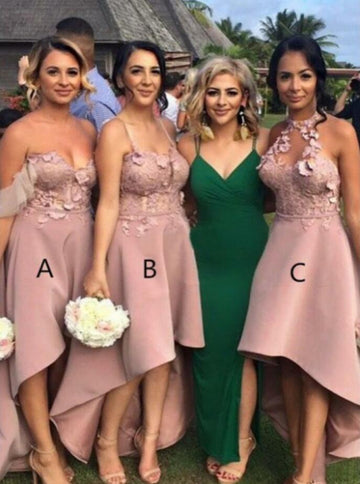 GBD222 Pink High Low Halter Sweetheart Country Bridesmaid Dress