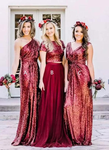 GBD223 Burgundy Bohemian One Shoulder V-Neck Sequins Bridesmaid Dress