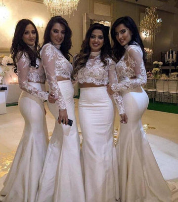 GBD224 Ivory Long Sleeve Lace Bridesmaid Dress