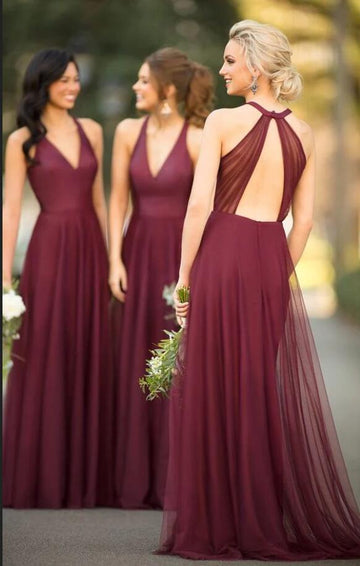 GBD228 Burgundy Tulle V Neck Bridesmaid Dress