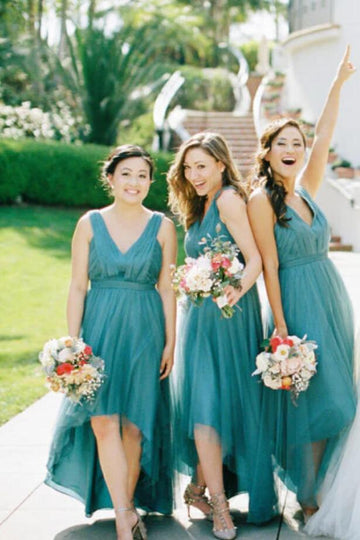 GBD229 Ink Blue Tulle V Neck High Low Country Bridesmaid Dress