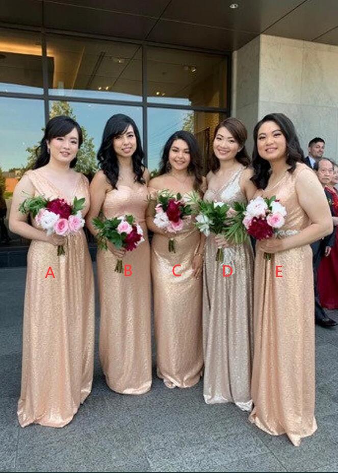 GBD235 V Neck Rose Gold Sweetheart One Shoulder Sequins Plus Size Bridesmaid Dress