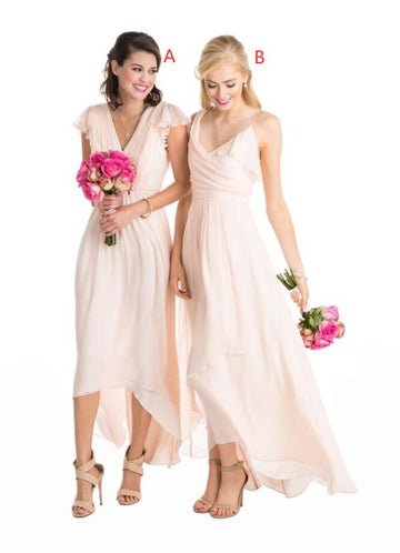 GBD238 Pink V Neck Chiffon High Low Bridesmaid Dress