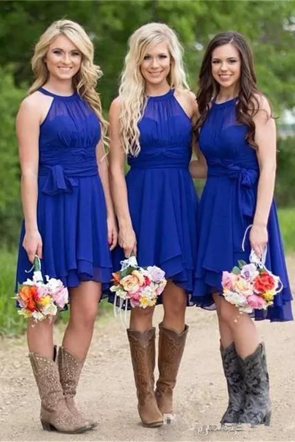 GBD241 Royal Blue Short Country Rustic Bridesmaid Dress with Cowboy Bo