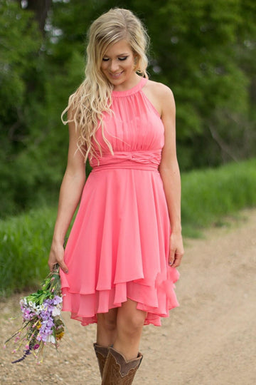 GBD242 Coral Short Watermelon Country Bridesmaid Dress with Cowboy Boots