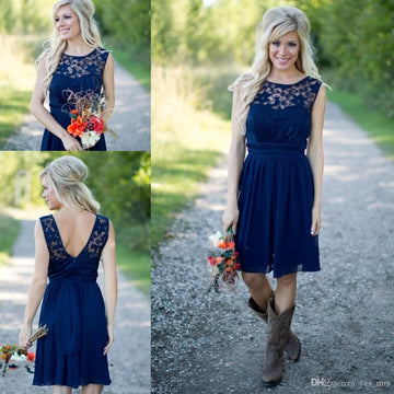 GBD244 Short Royal Blue Lace Country Bridesmaid Dresses with Cowboy Boots