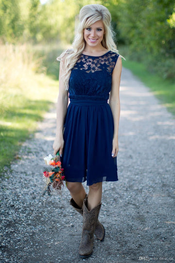 GBD244 Short Royal Blue Lace Country Bridesmaid Dresses with Cowboy Boots