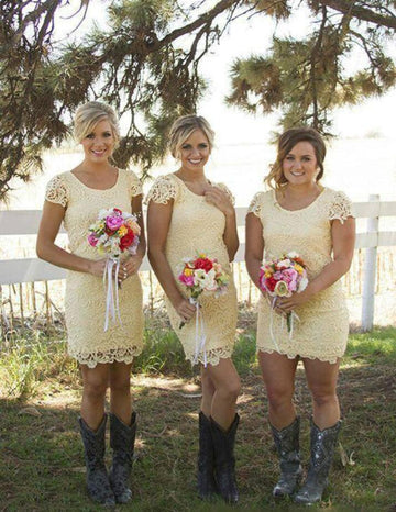 GBD246 Short Sleeve Lemon Yellow Lace Country Bridesmaid Dresses with Cowboy Boots