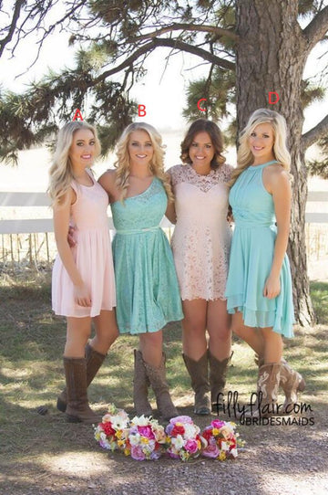 GBD247 Short One Shoulder Halter Pink Pool Lace Country Bridesmaid Dresses with Cowboy Boots