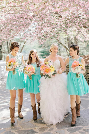 GBD248 Short Mint Green Lace Country Bridesmaid Dress with Cowboy Boots