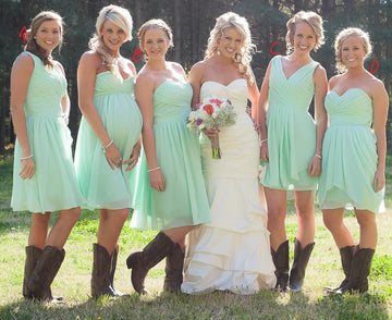GBD249 Short Sage Green Sweetheart Country Bridesmaid Dress with Cowboy Boots