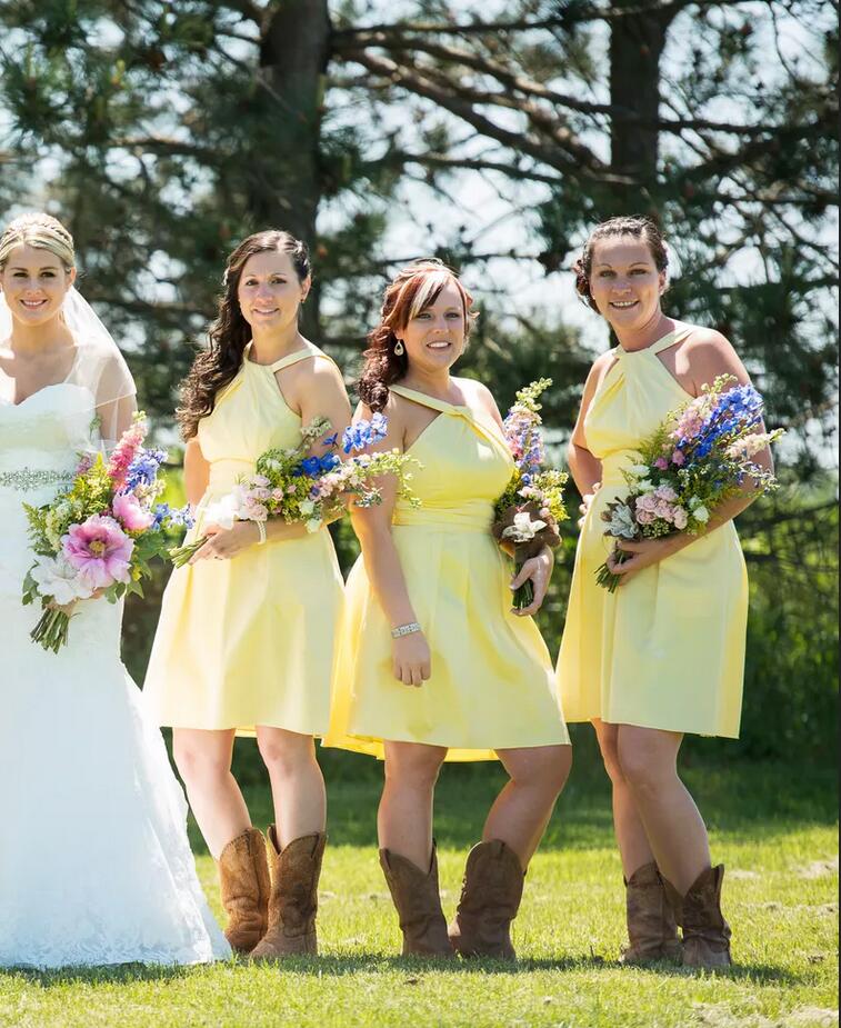 GBD250 Short Yellow Halter Plus Size Country Bridesmaid Dress with Cow