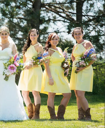 GBD250 Short Yellow Halter Plus Size Country Bridesmaid Dress with Cowboy Boots