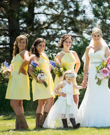 GBD250 Short Yellow Halter Plus Size Country Bridesmaid Dress with Cowboy Boots