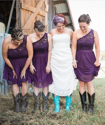 GBD251 Short Grape One Shoulder Country Bridesmaid Dress with Cowboy Boots