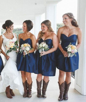 GBD253 Short Sweetheart Satin Royal Blue Country Bridesmaid Dress with Cowboy Boots