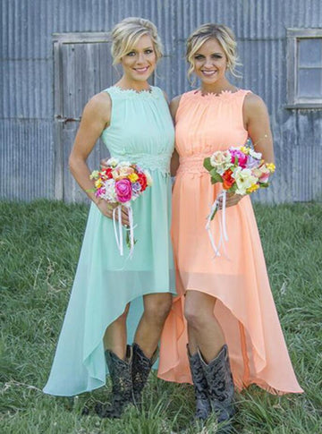 GBD254 High Low Mint Pink Country Bridesmaid Dress with Cowboy Boots