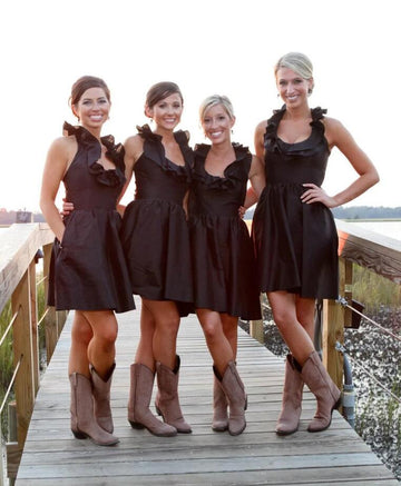 GBD255 Brown Short Halter Ruffles Country Bridesmaid Dress with Cowboy Boots