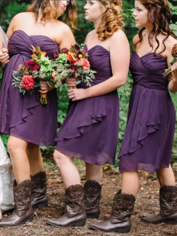 GBD256 Grape Short Sweetheart Country Bridesmaid Dress with Cowboy Boots