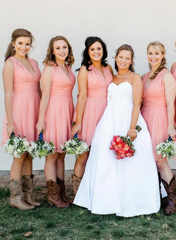 GBD257 Coral Pink Short V Neck Country Bridesmaid Dress with Cowboy Boots