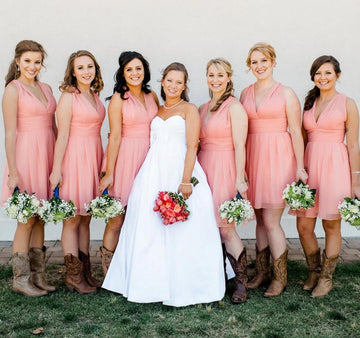 GBD257 Coral Pink Short V Neck Country Bridesmaid Dress with Cowboy Boots