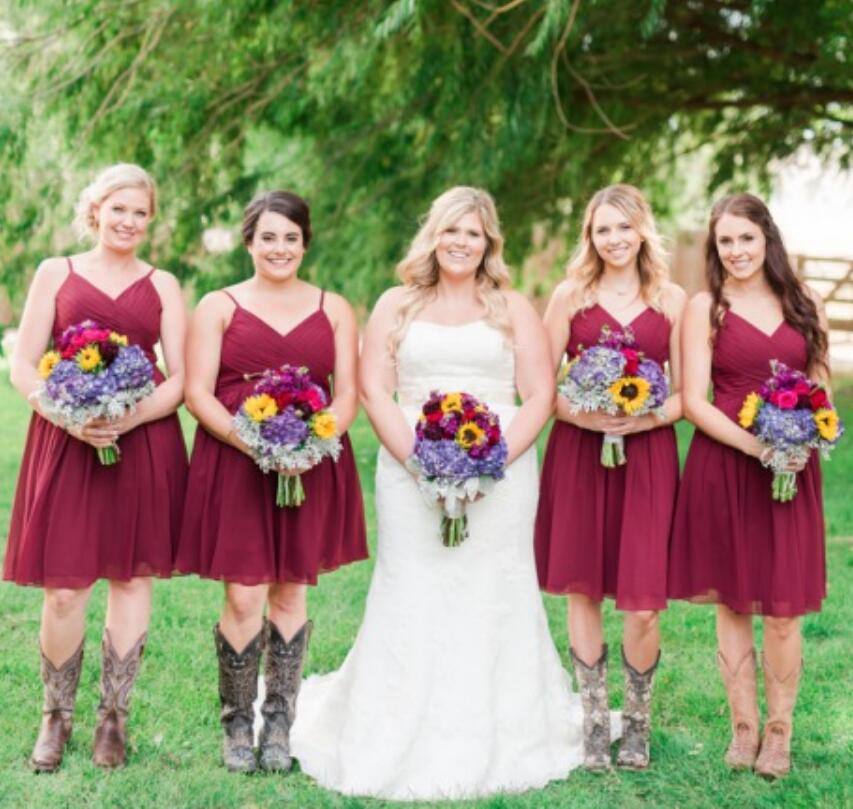 GBD258 Burgundy Short Straps Plus Size Country Bridesmaid Dress with Cowboy Boots