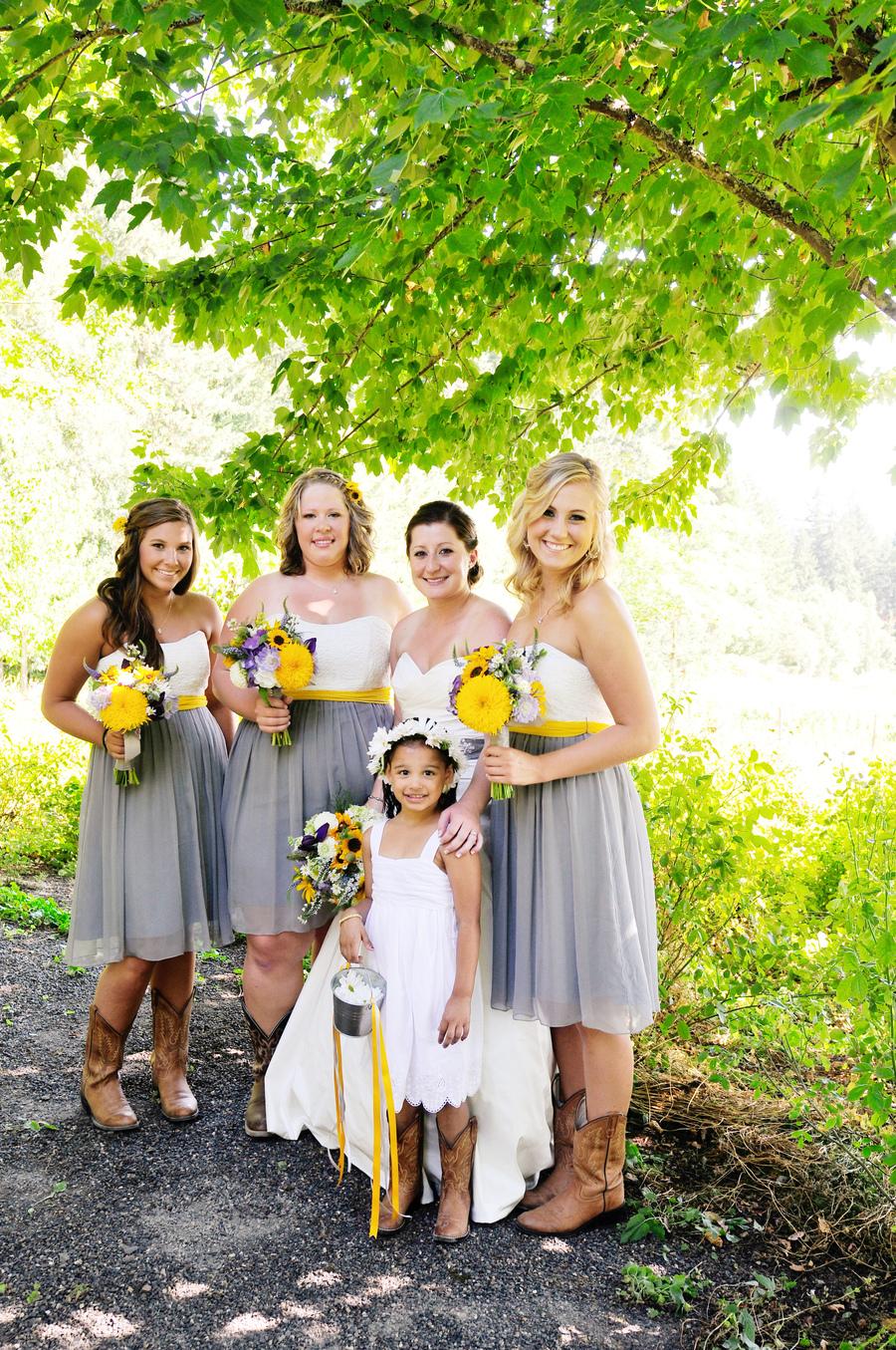 GBD259 Gray White Short Strapless Country Bridesmaid Dress with Cowboy Boots