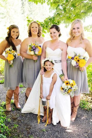 GBD259 Gray White Short Strapless Country Bridesmaid Dress with Cowboy Boots