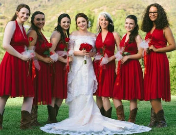 GBD260 Ruby Red Short V Neck Country Bridesmaid Dress with Cowboy Boots