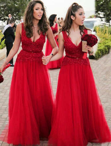 GBD263 Red Tulle Lace Beading V Neck Bridesmaid Dress