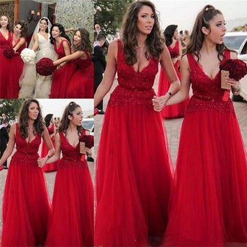 GBD263 Red Tulle Lace Beading V Neck Bridesmaid Dress