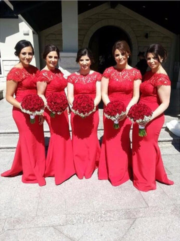 GBD264 Red Lace Short Sleeve Mermaid Bridesmaid Dress