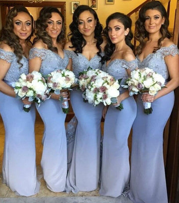 GBD269 Light Blue Off The Shoulder Mermaid Lace Bridesmaid Dress