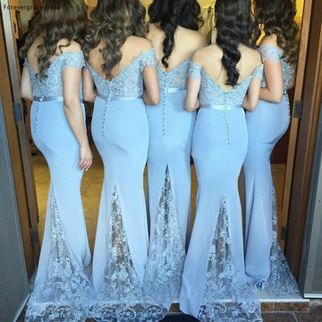 GBD269 Light Blue Off The Shoulder Mermaid Lace Bridesmaid Dress