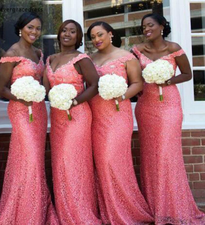 GBD271 African Arabic Coral Watermelon Off The Shoulder Country Garden Mermaid Bridesmaid Dress