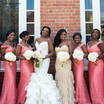 GBD271 African Arabic Coral Watermelon Off The Shoulder Country Garden Mermaid Bridesmaid Dress