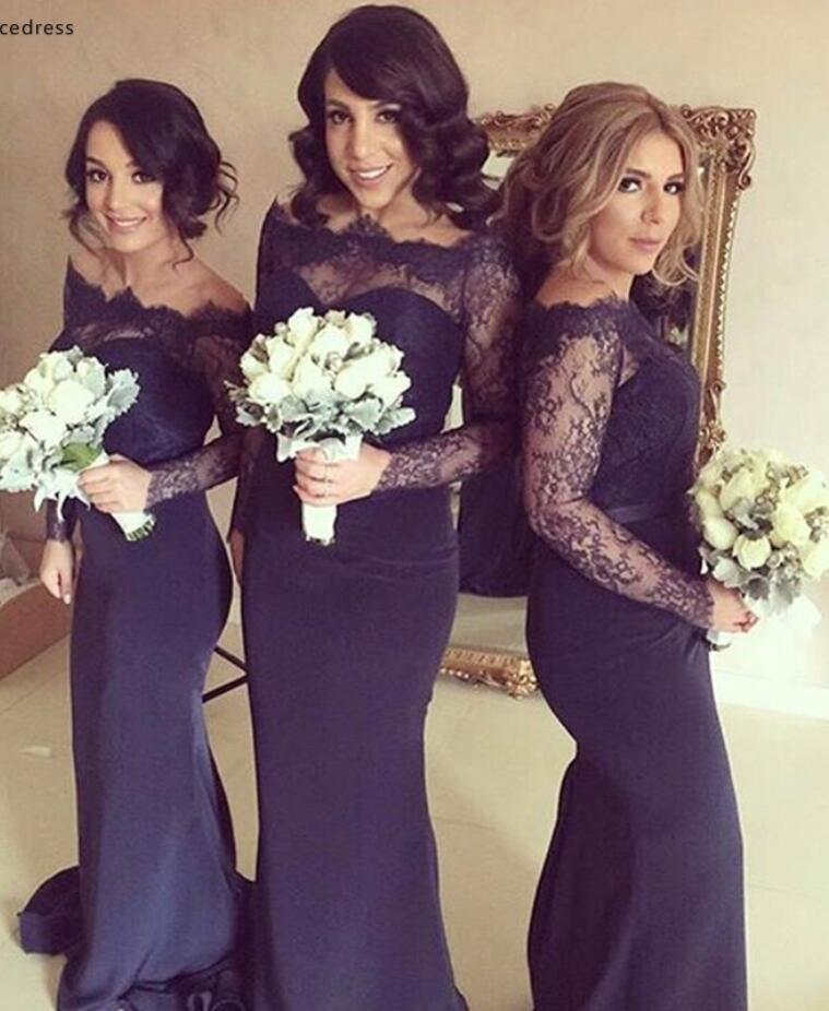 GBD275 Black Fall Off The Shoulder Long Sleeve Bridesmaid Dress