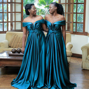 GBD277 Africa Steel Blue Fall Off The Shoulder Satin Bridesmaid Dress