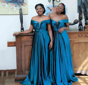GBD277 Africa Steel Blue Fall Off The Shoulder Satin Bridesmaid Dress