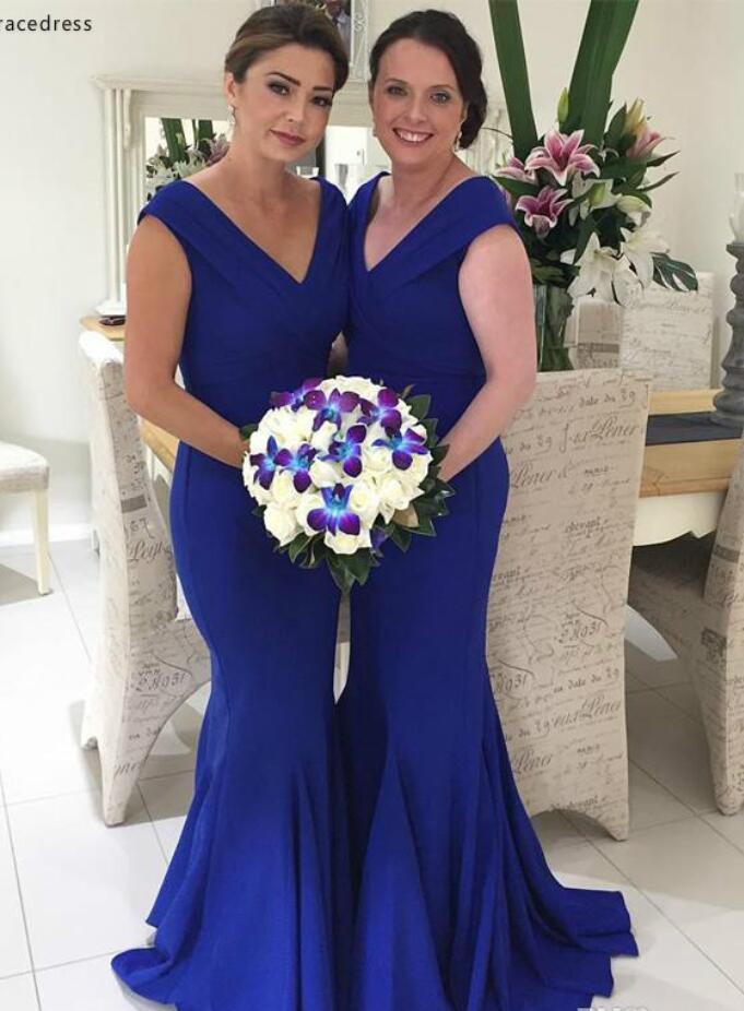 GBD278 Royal Blue Fall V Neck Satin Mermaid Bridesmaid Dress