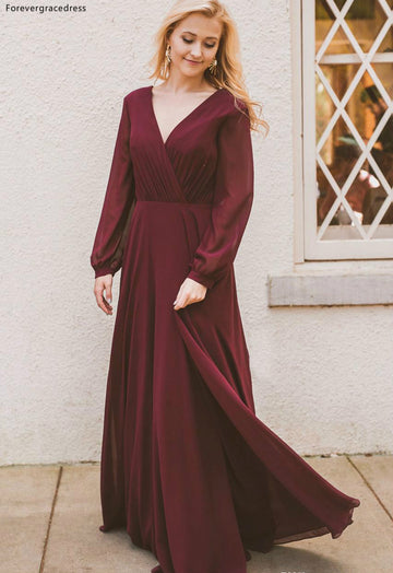 GBD280 Burgundy Long Sleeve Fall V Neck Chiffon BOHO Country Bridesmaid Dress
